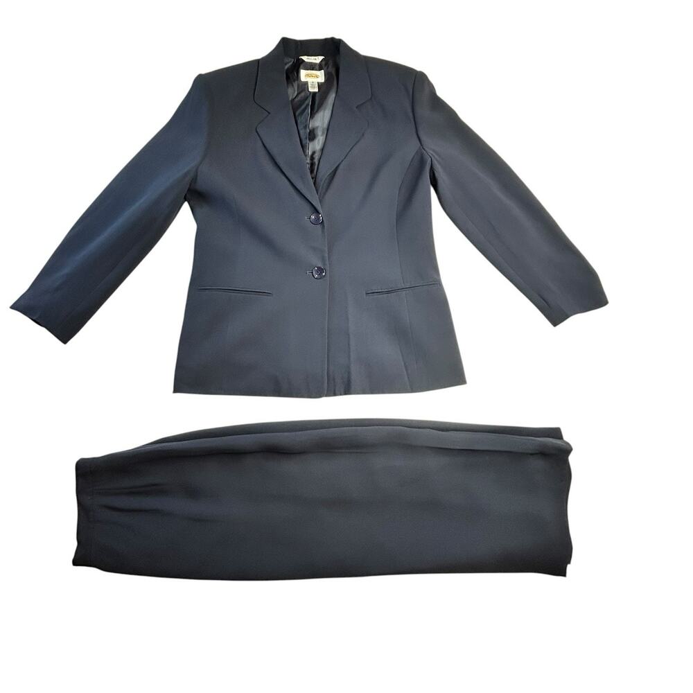 VTG Talbots 100% Silk Navy Blue Long Skirt Suit Set Old Money - Size 10